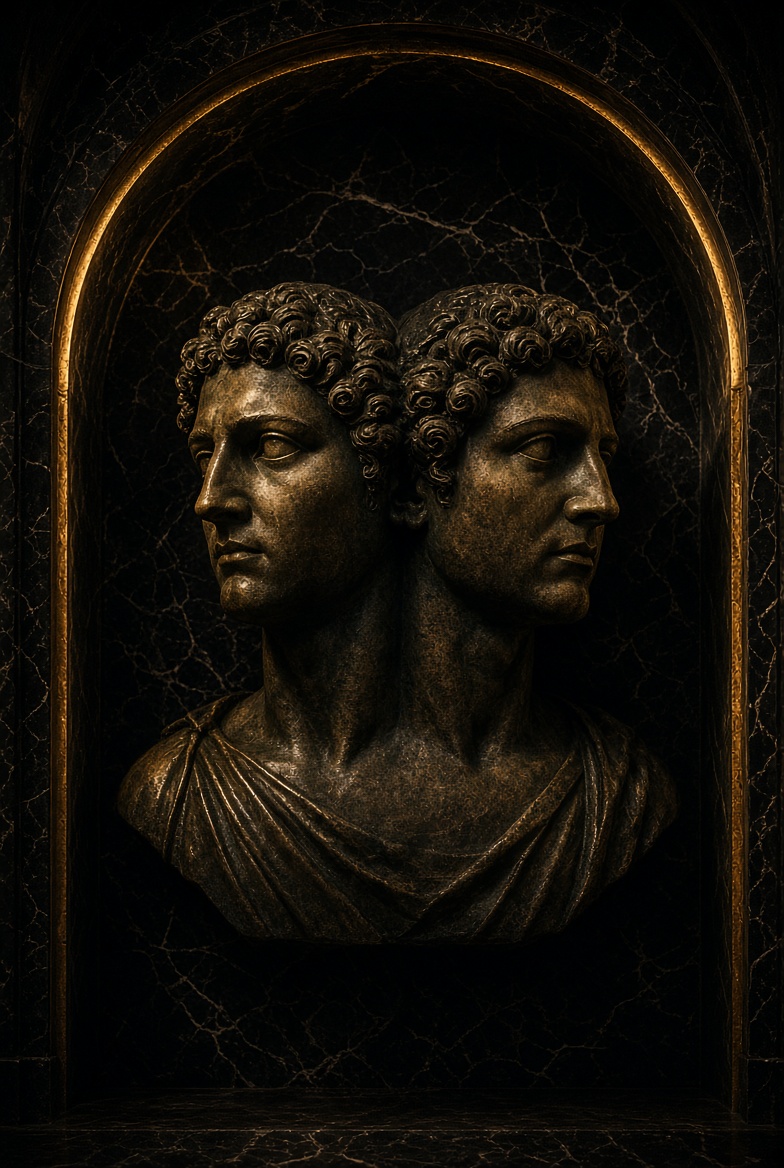 A two-faced bronze Janus in a dark marble niche