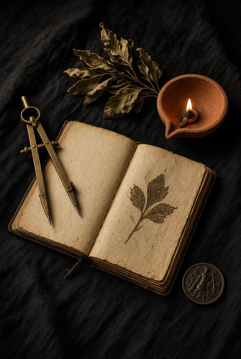 A lamp, notebook, and brass compass on dark cloth