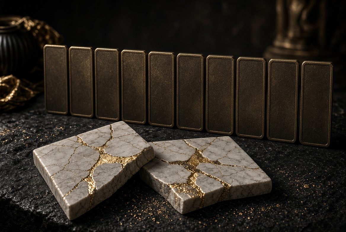 Two cracked tablets set aside from a row of ten intact ones